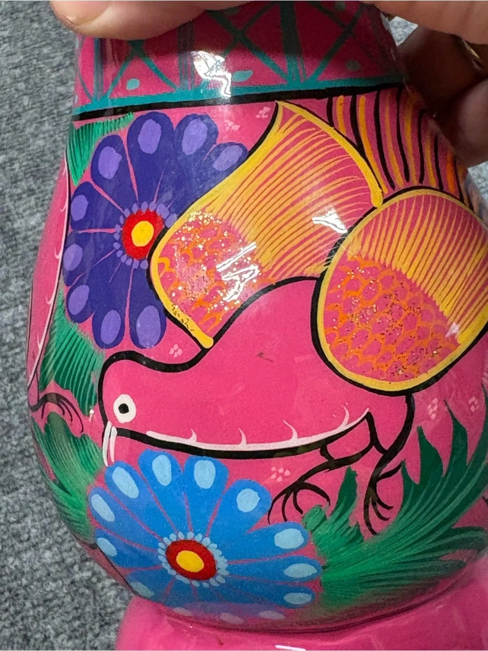 Hand Painted Pink Floral Bird Clay Folk Art Vase Made in Mexico